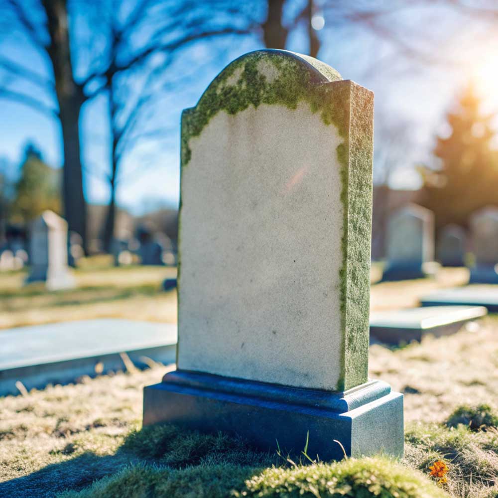 Ein Grabstein im Friedhof, beleuchtet von der Sonne, umgeben von grünem Gras und blühenden Blumen.